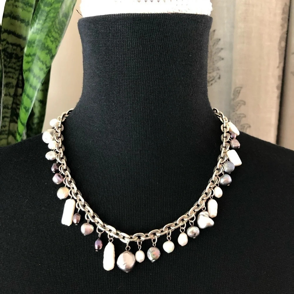 Silver Tone Freshwater‎ Natural Colored Pearl Fashion Necklace 16” Gray Purple
